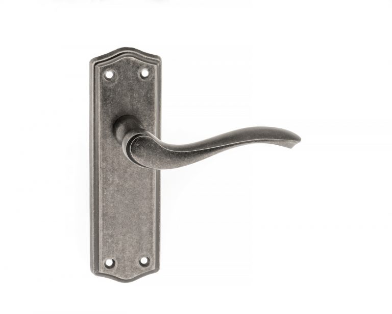 OE178LDS Old English Warwick Latch Lever Door Handle on Backplate - Distressed Silver