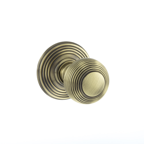 OE50RMKAB Old English Ripon Solid Brass Reeded Mortice Knob on Concealed Fix Rose - Antique Brass