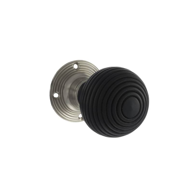 OE60RREMKSN Old English Whitby Ebony Wood Reeded Beehive Mortice Knob on Face Fix Rose - Satin Nickel