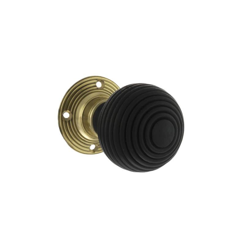 OE60RREMKPB Old English Whitby Ebony Wood Reeded Beehive Mortice Knob on Face Fix Rose - Polished Brass