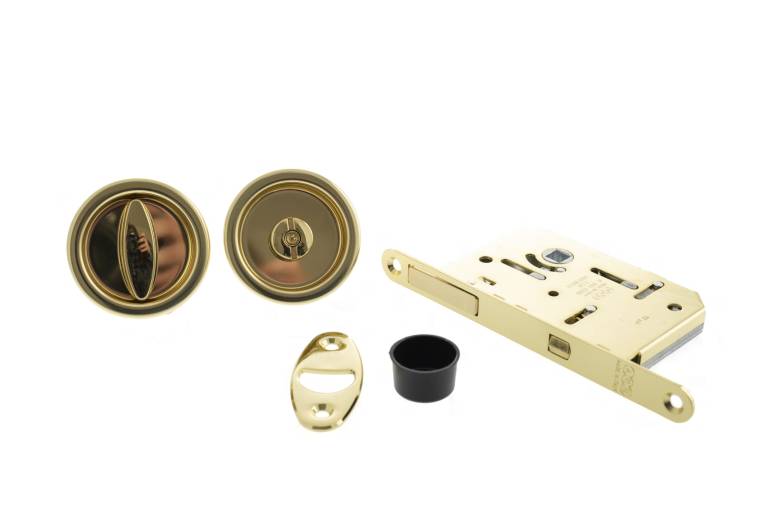 B046815003 AGB Sliding Door Bathroom Lock Set with Round Flush Handle - Polished Brass