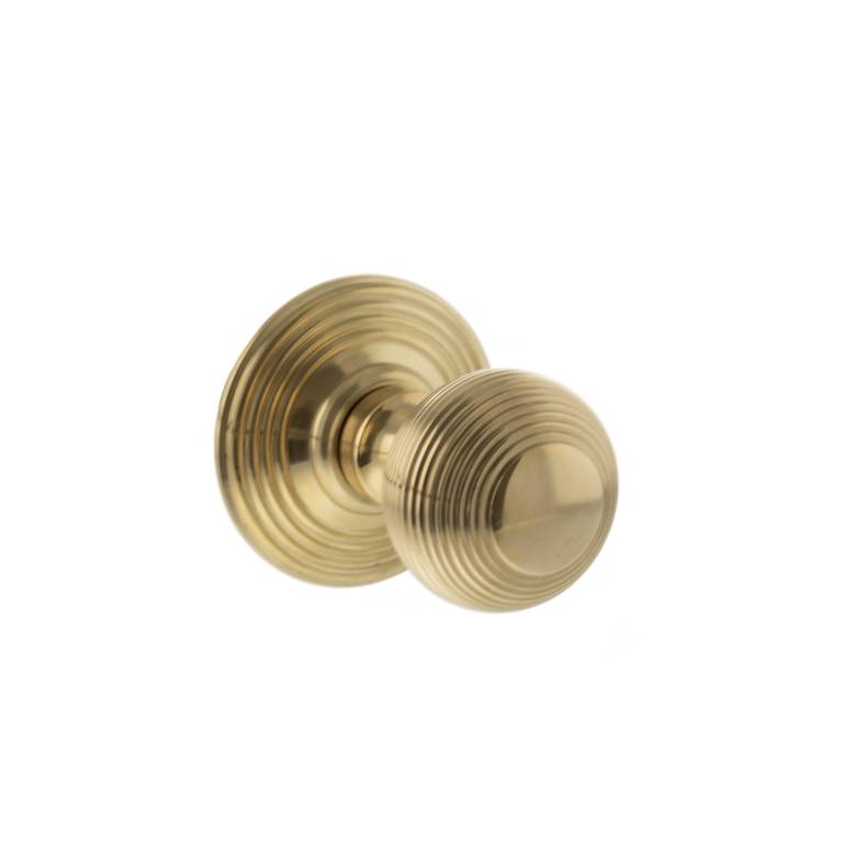 OE50RMKRB Old English Ripon Solid Brass Reeded Mortice Knob on Concealed Fix Rose - Raw Brass
