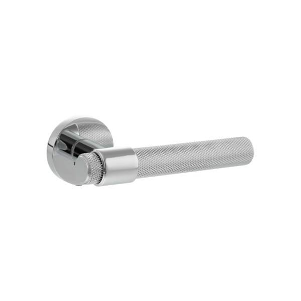 SPR160PC Senza Pari Andretta Knurled Lever Door Handle on Minimal Round Rose - Polished Chrome