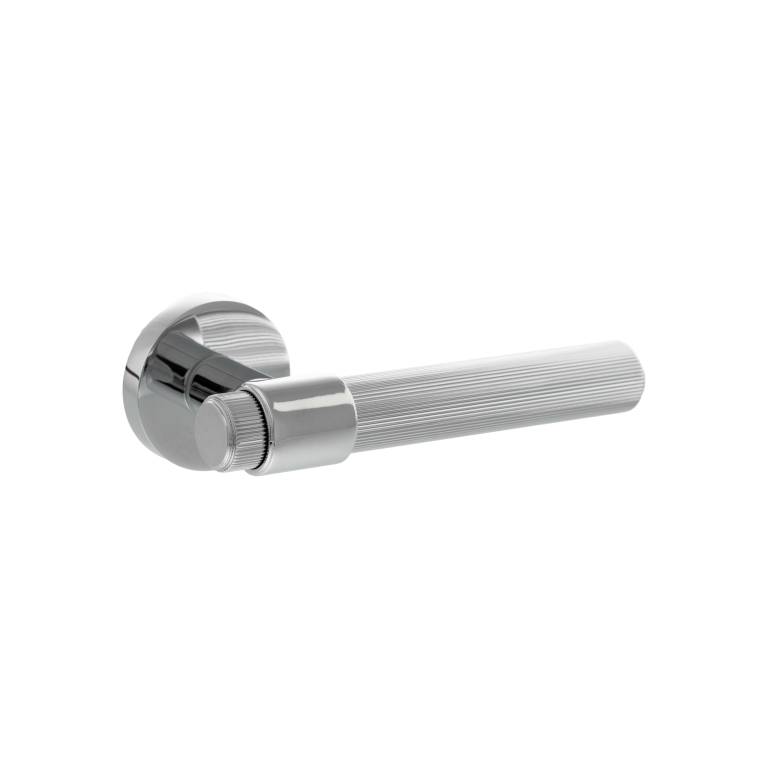 SPR165PC Senza Pari Fasana Linear Knurled Lever Door Handle on Minimal Round Rose - Polished Chrome