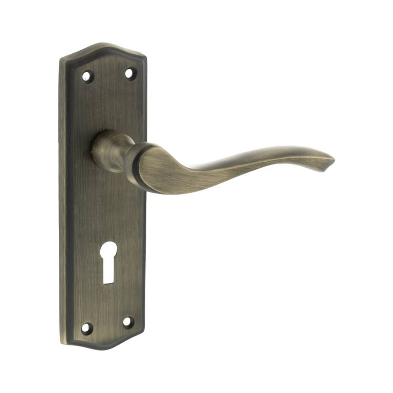 OE178KMAB Old English Warwick Key Lever Door Handle on Backplate - Matt Antique Brass